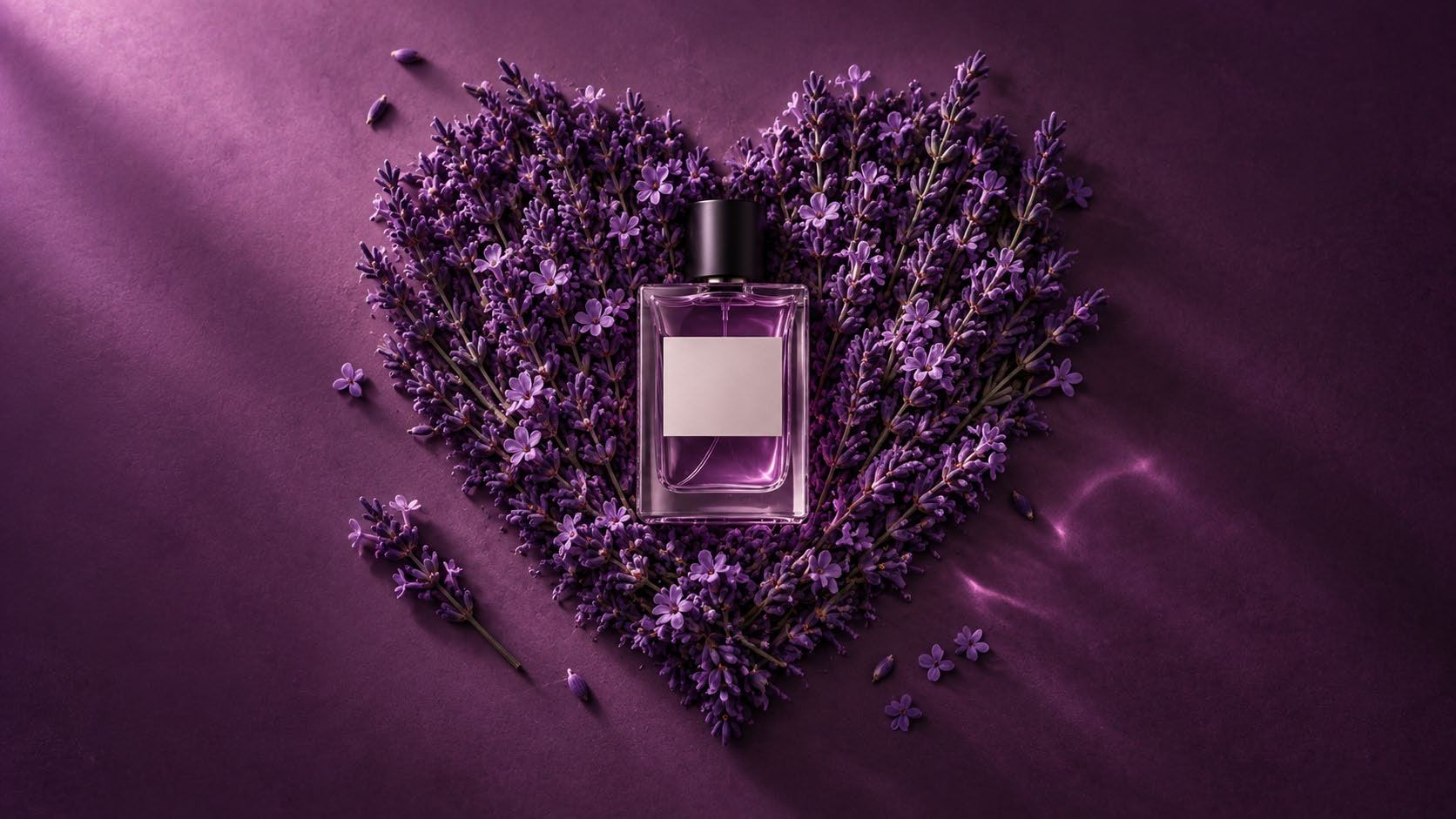 A perfume bottle resting in a heart of dried lavender on deep plum velvet